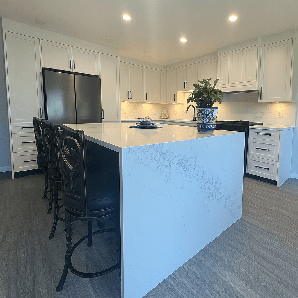 CC showroom — marble waterfall island with gray and wood cabinets by Columbia Carpentry
